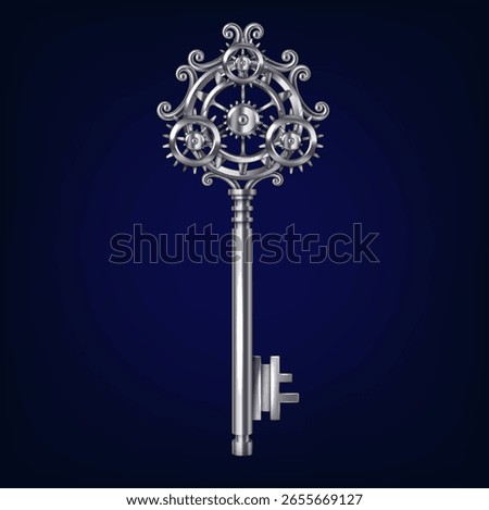 Illustration of an intricate silver key in steampunk style. Featuring detailed cogwheels and classic design elements. Set against a dark blue background, symbolizing mystery.