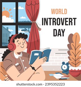 Illustration of introverted woman, world introvert day for vector illustration, ads, banner.