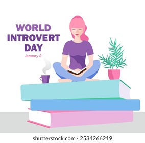 Illustration of introverted woman, world introvert day. Personal space. Introvert woman read book. For vector illustration, ads, banner.