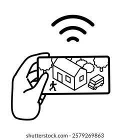 Illustration of an intruder checking the video captured from a smartphone. Images of security cameras, CCTV, network cameras, smart cameras, and home security solutions.