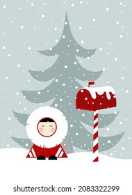 Illustration of the Inuit and post box on the winter landscape background
