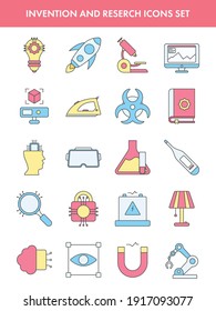 Illustration Of Invention And Research Icons Set In Yellow And Pink Color.