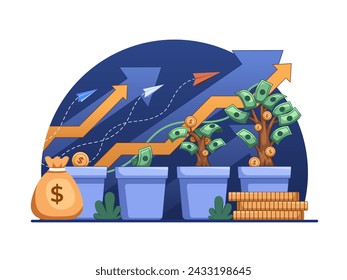 Illustration of investment growth depicted a plant in a pot, starting from a small coin seed and flourishing into a large thriving plant. 
The transformation symbolizes  progression investment growth