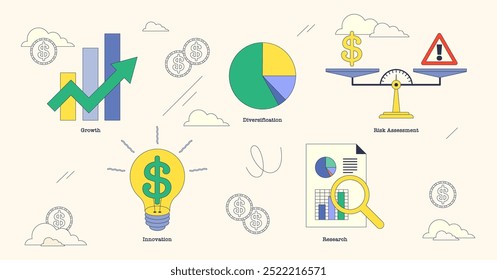 Ilustração de oportunidades de investimento com gráficos, escalas e lâmpadas na coleção de estilo neubrutalismo.