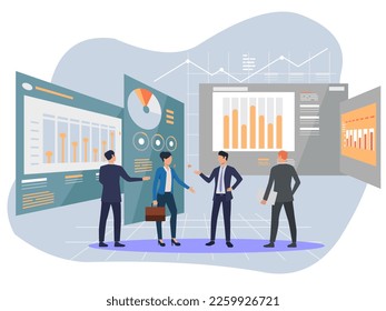 illustration of investors monitoring business growth, analyzing company profit charts. Vector illustration for finance, stock trading, and investment