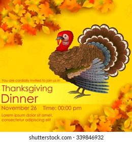 illustration of invitation card for Happy Thanksgiving with turkey and maple leaf