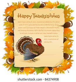 illustration of invitation card for thanksgiving with turkey and maple leaf