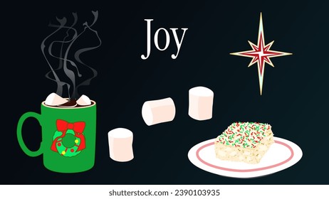 Illustration of an inviting steaming mug of hot cocoa with marshmallows and a holiday themed rice cereal treat.  Above is a star and the word "Joy" in "Instrument Serif" font.