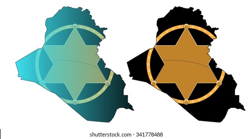 Illustration of Iraq map on white background with american star surrounded by golden ring 