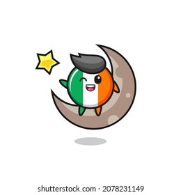 illustration of ireland flag badge cartoon sitting on the half moon , cute style design for t shirt, sticker, logo element