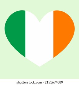 Illustration of the Ireland flag with a heart shape. Vector heart shaped Ireland flag isolated on plain background.  I love Ireland. Happy Independence Day