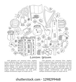 Illustration with Ireland related hand drawn icons including irish coffee; irish round tower and others. Doodle vector Ireland related collection