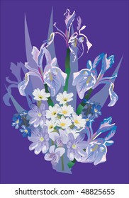 illustration with iris bouquet on blue background