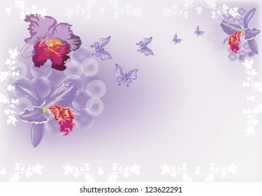 illustration with iris flowers on lilac background