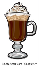 illustration of irish coffee cocktail with cream in glass