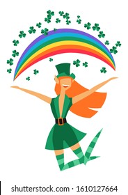 Illustration of Irish fantastic character leprechaun girl. Saint Patricks Day celebration. Stylish woman in traditional costume.