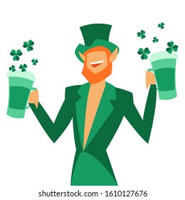 Illustration of Irish fantastic character leprechaun. Saint Patricks Day celebration. Stylish man in traditional costume.