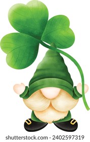 Illustration of Irish gnomes holding clover or clovers on St. Patrick's Day, Cute gnome for St Patrick day