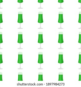 Illustration Irish holiday St Patrick day, seamless color beer in mug. Pattern St Patrick day consisting of many identical beer mug on white background. Beer at mug main accessory for St Patrick day.