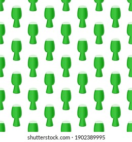 Illustration Irish holiday St Patrick day, seamless color beer in mug. Pattern St Patrick day consisting of many identical beer mug on white background. Beer at mug main accessory for St Patrick day.