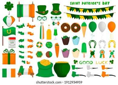 Illustration Irish holiday St Patrick day, gold coins in pot. Big set Irish St Patrick day consisting of pot of gold coins, green hats, much more. Pot for gold coins it accessory Irish St Patrick day.