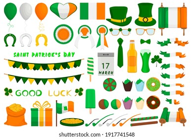 Illustration Irish holiday St Patrick day, gold coins in pot. Big set Irish St Patrick day consisting of pot of gold coins, green hats, much more. Pot for gold coins it accessory Irish St Patrick day.
