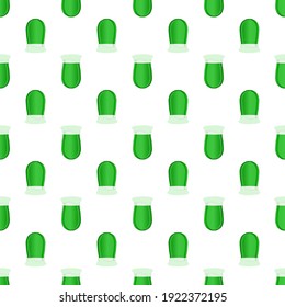 Illustration Irish holiday St Patrick day, seamless color beer in mug. Pattern St Patrick day consisting of many identical beer mug on white background. Beer at mug main accessory for St Patrick day.