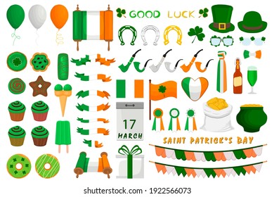 Illustration Irish holiday St Patrick day, gold coins in pot. Big set Irish St Patrick day consisting of pot of gold coins, green hats, much more. Pot for gold coins it accessory Irish St Patrick day.