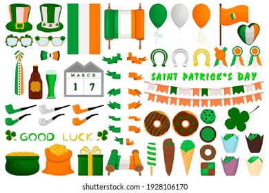 Illustration Irish holiday St Patrick day, gold coins in pot. Big set Irish St Patrick day consisting of pot of gold coins, green hats, much more. Pot for gold coins it accessory Irish St Patrick day.