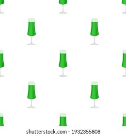 Illustration Irish holiday St Patrick day, seamless color beer in mug. Pattern St Patrick day consisting of many identical beer mug on white background. Beer at mug main accessory for St Patrick day.