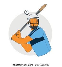Illustration of Irish hurling player prepare to hit a sliotar ball with a hurl wooden bat. Traditional sport played in Ireland. Celtic and Gaelic sport.