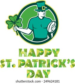 Illustration of an Irish rugby player wearing top hat running with the ball holding shamrock clover leaf set inside circle with text "Happy St. Patrick's Day" done in retro style.