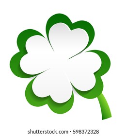 Illustration of Irish Shamrock (clover) in shades of green with nicely curving stalk, white background.