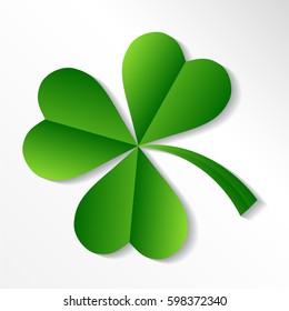 Illustration of Irish Shamrock (clover) in shades of green with nicely curving stalk, white background.