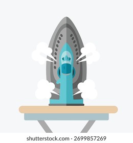 Ilustración de una plancha que emite vapor mientras está en una tabla de planchar.