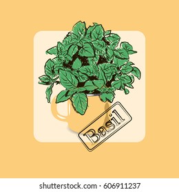 Illustration of an iron mug in which a basil grows