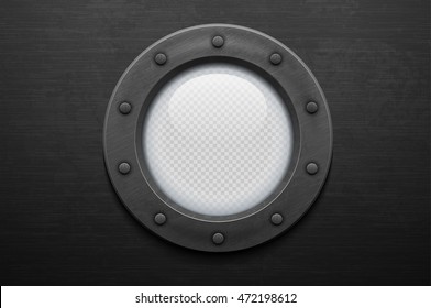 Illustration of a iron porthole with glass on brushed metal background. Rivets mount