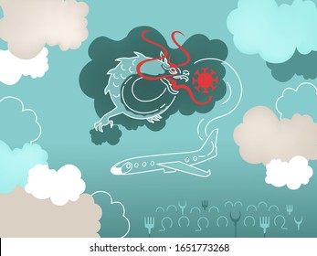 Illustration, ironic cartoon, caricature. Dragon in cloudy sky spraying strain of Coronavirus virus, banner, background. Popular methods of combating diseases, treatment. Plane from Chinese, poster