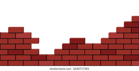 Illustration of Irregular Red Brick Wall Being Built. Transparent Background.
