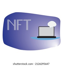 Eine Abbildung eines nicht entfernbaren Tokens. NFT auf blauem, flüssigem Hintergrund, ein Laptop-Symbol mit einer Luftblase für Ihren Text. Moderne Technologien. Kryptokunst.