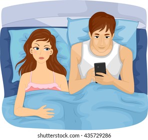 Illustration of an Irritated Wife Watching as Her Husband Fiddle with His Phone