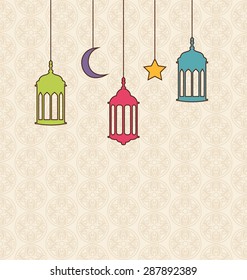 Illustration Islamic Background with Arabic Hanging Lamps for Ramadan Kareem - Vector