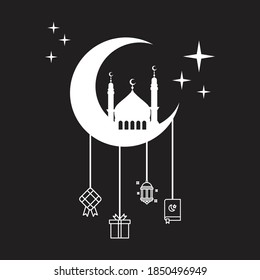 Illustration of islamic crescent moon vector on colorful background. including mosques, minarets, arabic lights, gifts, and more. good for cards, websites, banners, prints, celebrations, and more.