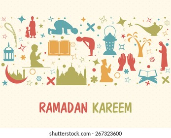 Illustration of islamic elements and religious muslim people in various activities to follow their traditional rituals for holy month of muslim community, Ramadan Kareem celebration.