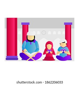 Illustration islamic father with kids girl and boy reading quran design vector