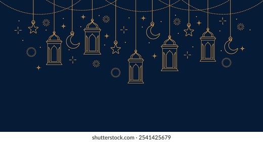 ilustração da lanterna islâmica pendurada linha de arte decoração.crescente e estrela decoração.lanterna pendurada borda horizontal quadro banner design.