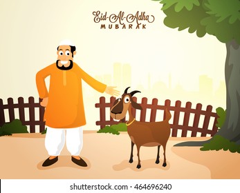 Illustration of a Islamic Man with Goat on nature background for Muslim Community, Festival of Sacrifice, Eid-Al-Adha Mubarak.