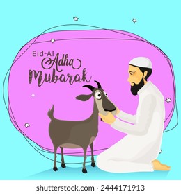 Illustration of a Islamic Man in Traditional Outfit with Goat for Muslim Community, Festival of Sacrifice, Eid-Al-Adha Mubarak.