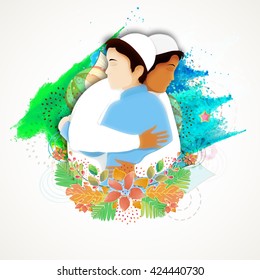 Ilustración de hombres islámicos abrazándose y dándose deseos unos a otros con ocasión de los festivales de la comunidad musulmana.