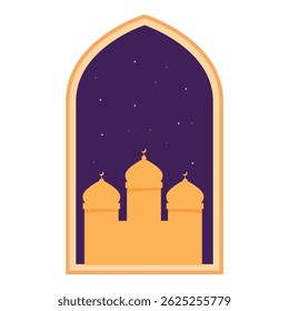 Illustration of an islamic mosque building showing at night through a window frame with a starry night